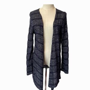 Jess Sz.M Dark Blue Long Line Mid Length Striped Speckle Knit Cardigan Cozycore